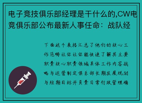 电子竞技俱乐部经理是干什么的,CW电竞俱乐部公布最新人事任命：战队经理确认